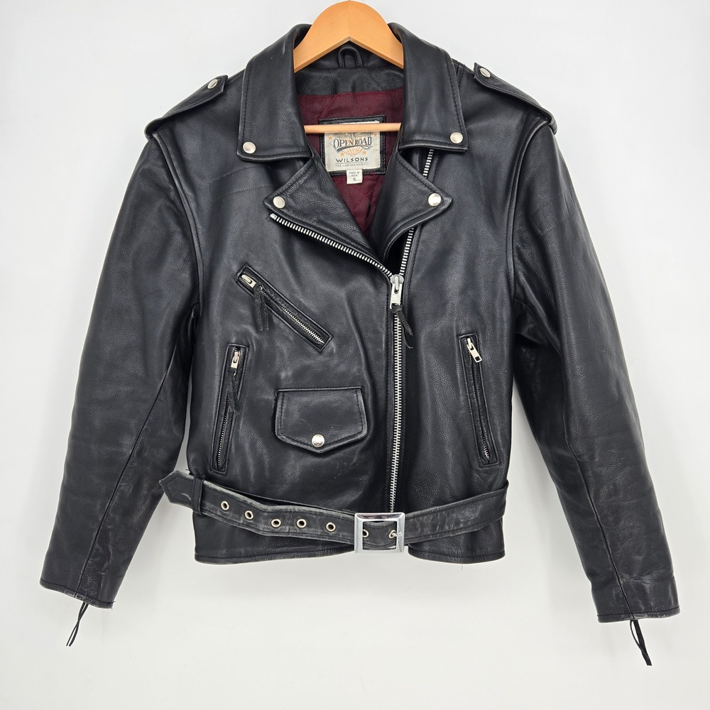 Vintage Wilsons Womens S Black Leather Motorcycle Jacket Belt Biker Chic - Flaws